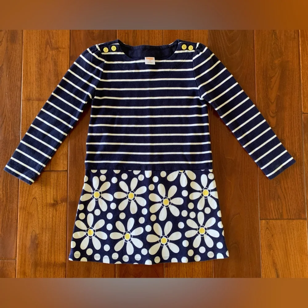 GYMBOREE DRESS Size 6 Striped Daisy Navy Blue & White Long Sleeve Flower Shower